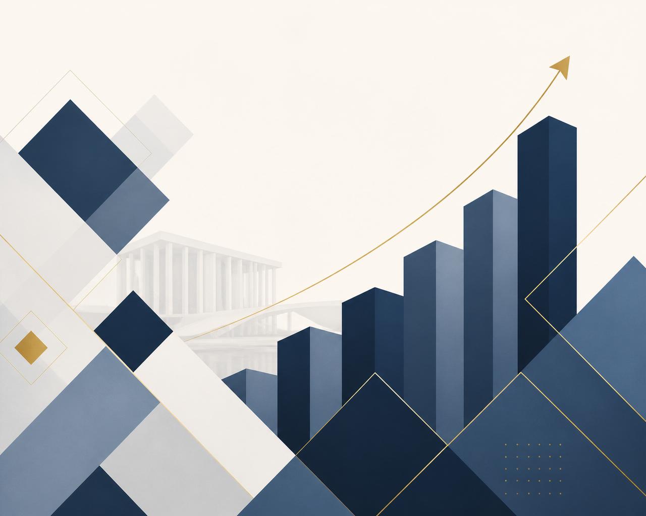 Ilustração institucional com gráfico crescente e elementos geométricos da identidade eProjetos